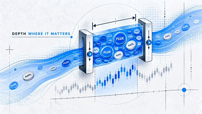 A financial graphic titled 'DEPTH WHERE IT MATTERS' depicting stock tickers FLUX and AAPL flowing through blue measuring calipers over a candlestick chart.