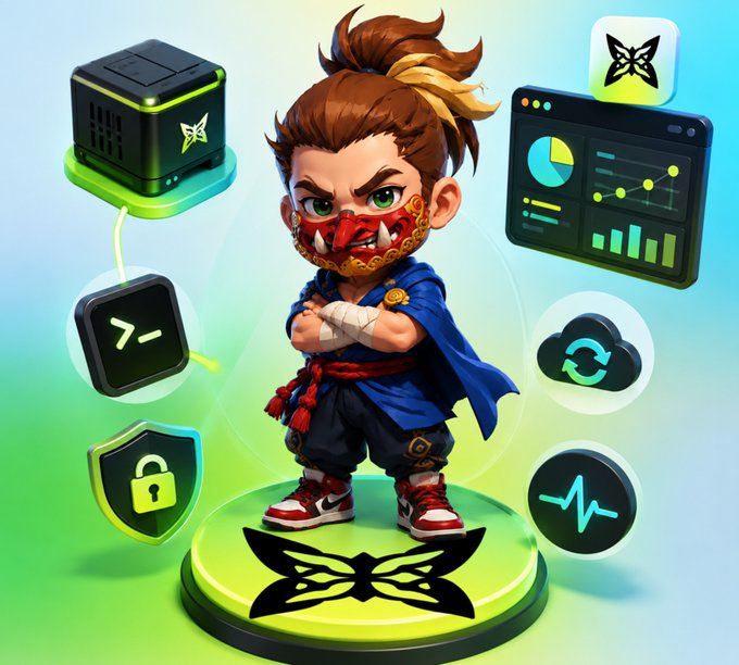 A 3D rendered chibi-style ninja character with a red mask surrounded by floating tech icons including a server, butterfly logo, dashboard, security shield, and health metrics.