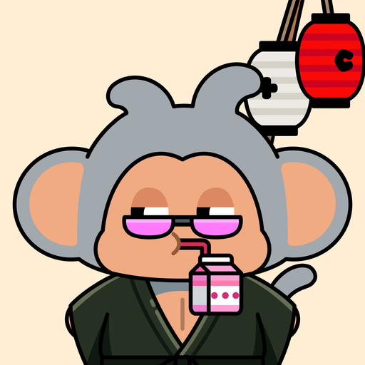 Digital illustration of a cartoon monkey character wearing a dark robe and purple sunglasses, drinking strawberry milk with Japanese paper lanterns in the background.