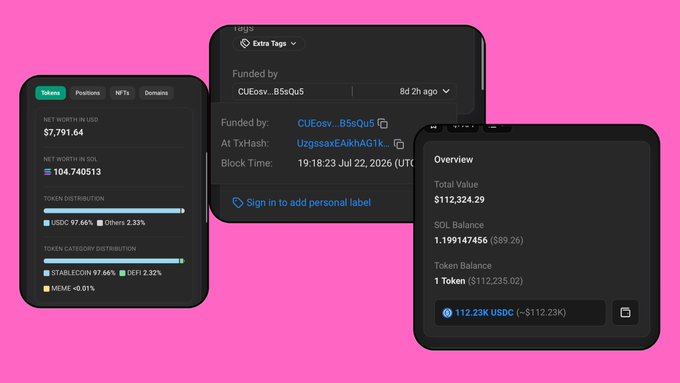 Three mobile device screenshots displaying crypto wallet data, including 'NET WORTH IN USD $7,791.64', 'SOL Balance 1.199147456 ($89.26)', and a total value of '$112,324.29' on a pink background.