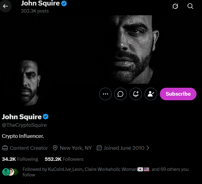 The image shows the Twitter/X profile page of John Squire (@TheCryptoSquire), a verified Crypto Influencer based in New York, NY, with 552.2K followers and 34.2K following. The accompanying post tags @TheCryptoSquire as a "top XRP KOL" being recognized by The XRP Bull, highlighting him as a prominent crypto influencer relevant to the community.