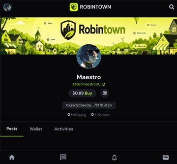 A user profile page on Robintown showing a user named 'Maestro' with the handle @defimaestro00, featuring a $0.89 Buy button and an ENS-style wallet address.