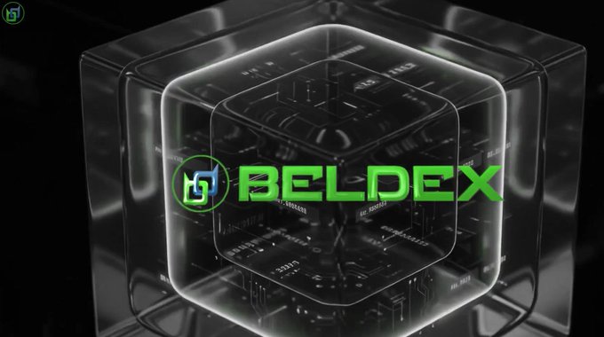 The 'BELDEX' logo is displayed in bright green text inside a futuristic, transparent cubic structure with circuit board patterns.