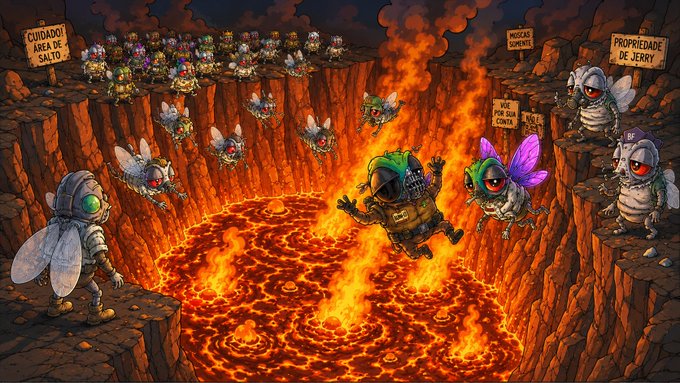 A surreal digital illustration of insects wearing tactical gear and gas masks, with some flying over a pool of lava and others standing on rocky cliffs holding protest signs in Portuguese.