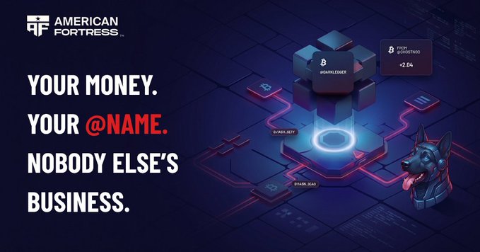 An advertisement for American Fortress with the slogan 'YOUR MONEY. YOUR @NAME. NOBODY ELSE'S BUSINESS,' featuring a stylized graphic with a Doberman dog wearing a tactical collar.