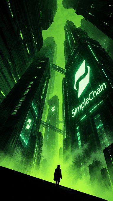 A green cyberpunk cityscape with towering skyscrapers, a lone silhouetted figure standing in fog, and a glowing 'SimpleChain' logo on the largest building.