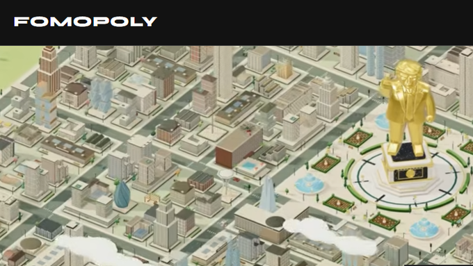 An isometric view of a virtual city featuring a large golden statue and various buildings, with the text 'FOMOPOLY' in the top left corner.