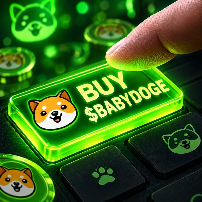 A close-up of a finger pressing a glowing green keyboard key labeled 'BUY $BABYDOGE', featuring the Baby Doge token's logo alongside other Dogecoin-related icons.