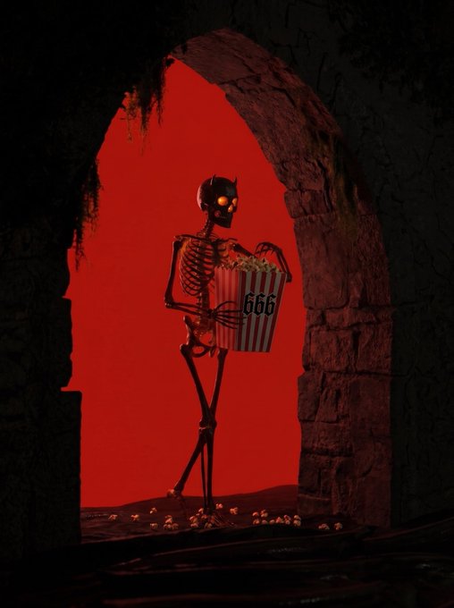 A spooky Halloween-style image showing a skeletal figure with glowing red eyes holding a popcorn bucket labeled '666', framed by a dark archway against a red background.