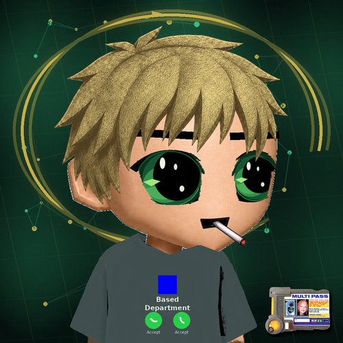 A 3D chibi-style character with blonde hair and green eyes holding a cigarette, wearing a 'Based Department' t-shirt with accept/reject buttons, featuring a 'MULTI PASS' device against a dark green tech-themed background.
