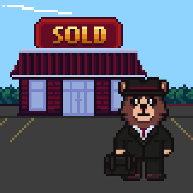 A pixel art image features a bear character in a black suit and hat holding a briefcase, standing in front of a building with a "SOLD" sign on top. This visually represents the "SOLDOUT" announcement from the post, suggesting that upcoming events like Marketcall, Voting, and Mystery Portfolio have all reached full capacity.
