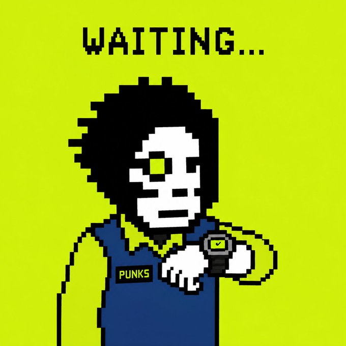 A pixel art image features a character with dark hair and a 'PUNKS' shirt holding a watch against a bright yellow background with the text 'WAITING...'