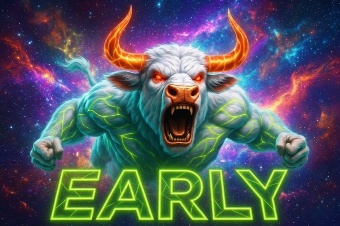 A fierce, neon-veined cosmic bull with glowing orange horns roars against a vibrant galaxy background, accompanied by the bold green text "EARLY" — perfectly capturing the bullish sentiment of the post declaring "We're so early $LEVI."