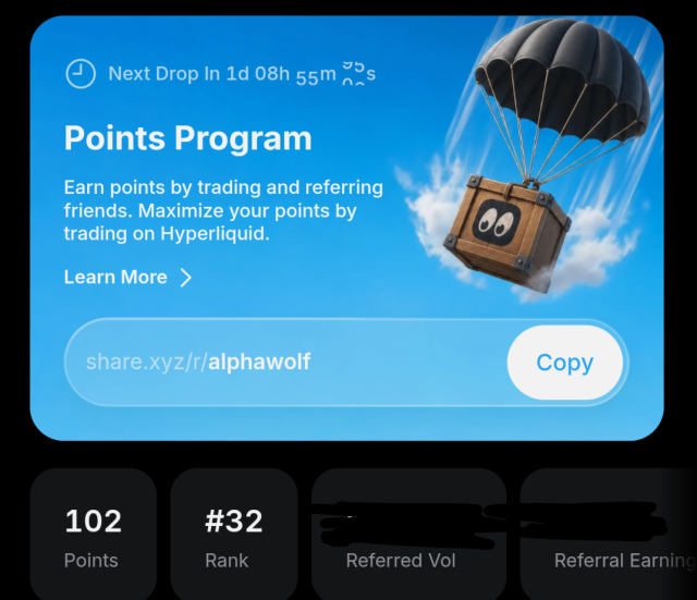 A bright blue “Points Program” card advertises earning points by trading and referring friends on Hyperliquid, with “share.xyz/alphawolf,” a “Copy” button, and stats including “102 Points” and “#32 Rank.”
