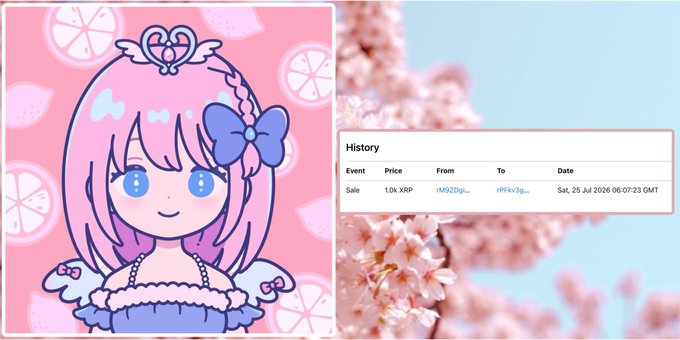 The image shows a chibi-style anime girl with pink hair and a blue bow on a pink background with citrus patterns, alongside a transaction history displaying a "Sale" of "10k XRP" for "1.0k XRP" between addresses rM82Dg... and rPF6v3g... dated "Sat, 25 Jul 2026 06:07:23 GMT." This pairs with the post's sarcastic jab that selling 1,000 XRP doesn't deter the creator's bullish stance on XRP.