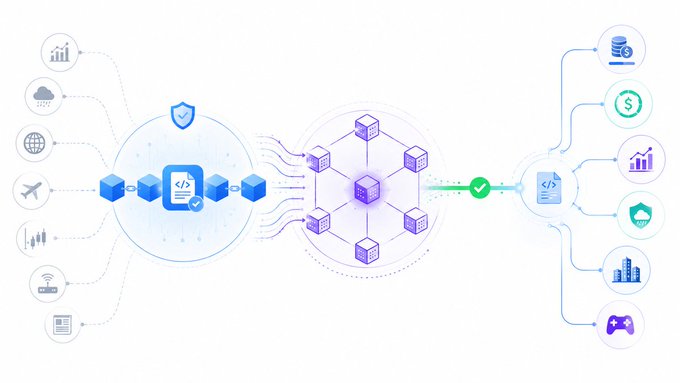 A digital infographic illustrates a data or blockchain network, showing icons connecting through documents to a central cube network, then branching out to various application and financial symbols.