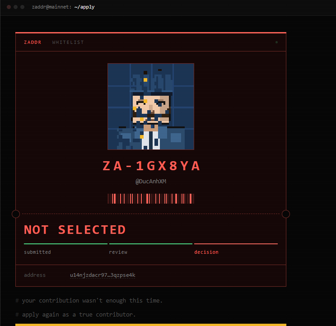 A retro-style terminal screen displays a ZADDR whitelist application for 'ZA-1GX8YA' (@0ucAnhXM) with a 'NOT SELECTED' status at the decision stage, noting the contribution wasn't enough.