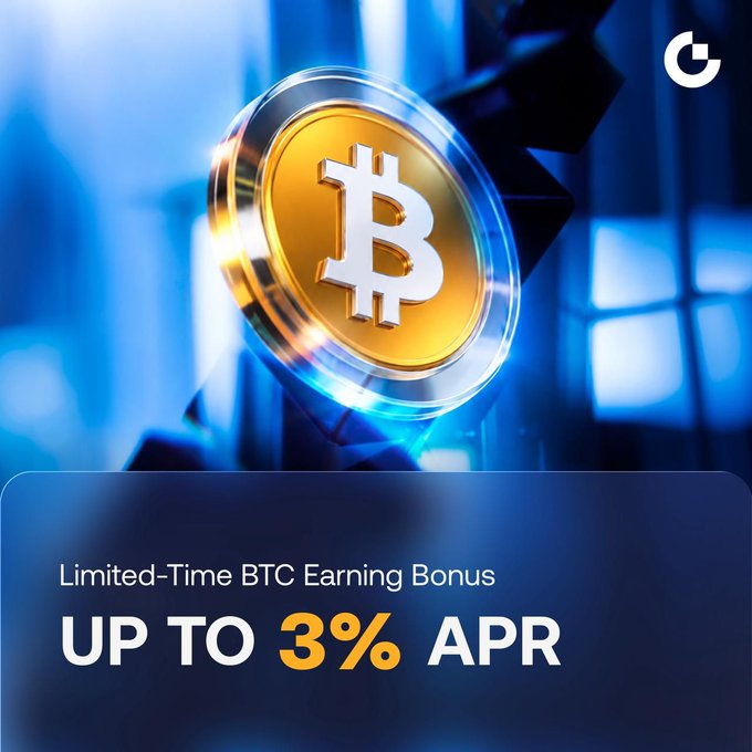 A promotional graphic with a gold Bitcoin coin displays text for a 'Limited-Time BTC Earning Bonus UP TO 3% APR' with a 'G' logo in the corner.