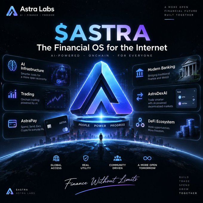 A promotional graphic for Astra Labs featuring the "$ASTRA" token with the tagline "The Financial OS for the Internet" and "Finance Without Limits," showcasing its integrated ecosystem of AI Infrastructure, Trading, AstraPay, Modern Banking, AstraDexAI, and DeFi Ecosystem. The image visually reinforces the post's message by highlighting how Astra unifies AI, payments, trading, banking, and DeFi into a single platform centered around "A More Open Financial Future Built Together."
