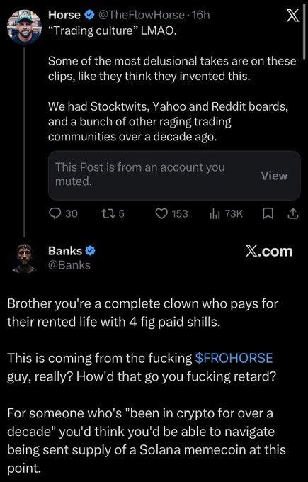 A screenshot of an X (Twitter) exchange where 'Horse' (@TheFlowHorse) mocks trading culture claims, followed by a reply from 'Banks' (@Banks) insulting him and mentioning $FROHORSE.