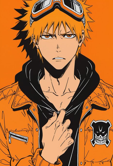 An anime-style illustration of an orange-haired character wearing goggles and an orange jacket featuring a skull logo.