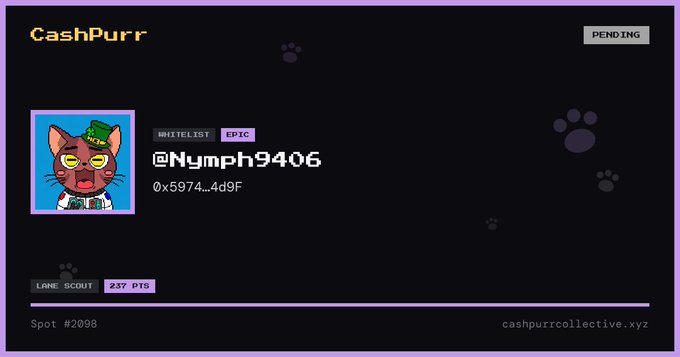 A 'CashPurr' NFT minting dashboard showing wallet address @Nymph9406 with a cat avatar wearing a green hat, 237 PTS on Lane Scout, spot #209B with 'PENDING' status.
