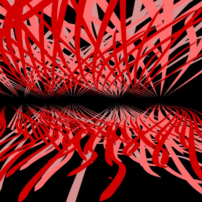 An abstract digital artwork with chaotic red and pink scribbled lines radiating outward against a black background.
