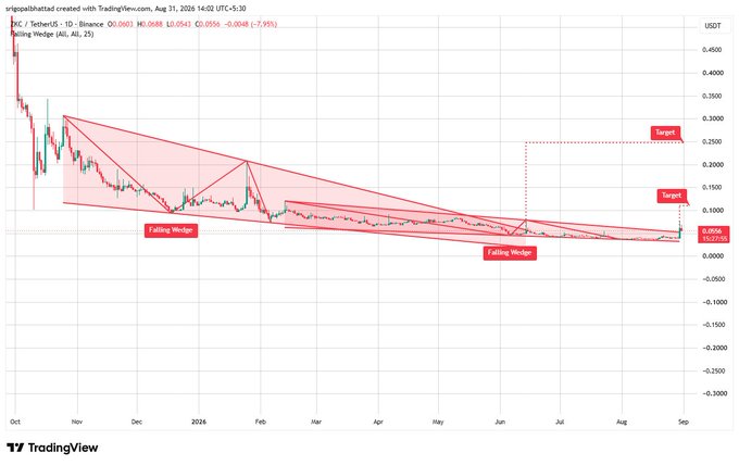 A TradingView candlestick chart of BC/USDT on Binance shows two 'Falling Wedge' patterns with price targets marked at 0.2500 and 0.1500, with a current price of 0.0906 (-7.95%).
