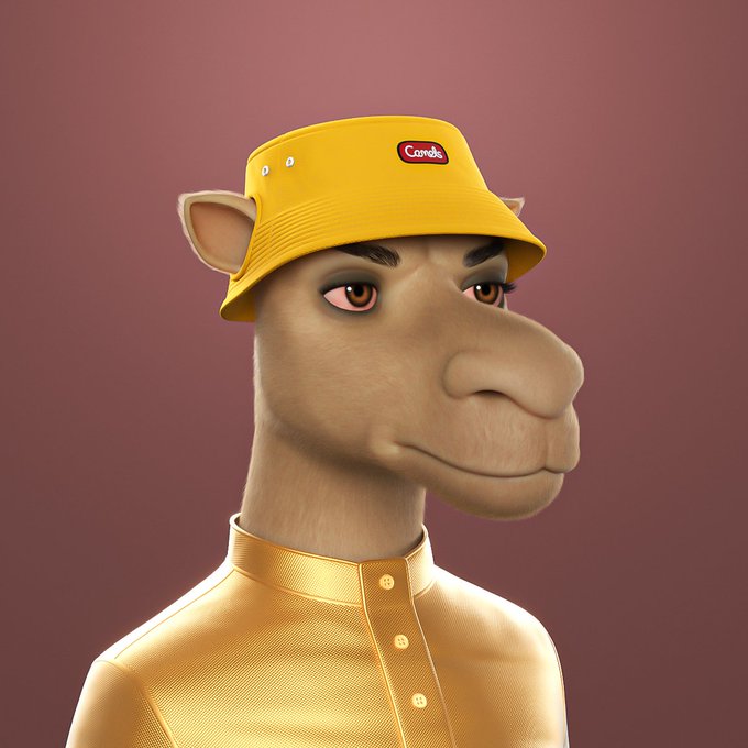 A 3D rendered character resembling a camel wearing a yellow bucket hat and a yellow button-up shirt against a pink background.