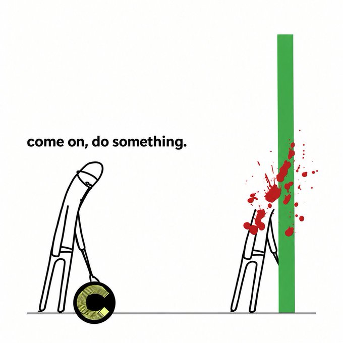 A simple line drawing showing two stick figures, one with a 'C' coin saying 'come on, do something.' while the other appears to be violently impaled and bleeding on a rising green chart line.