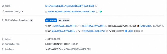 A blockchain transaction record showing ERO-20 token transfers, including 2,268.555607426937251061 tokens and 900 USDC, with a transaction fee of 0.003774480121371031 ETH.