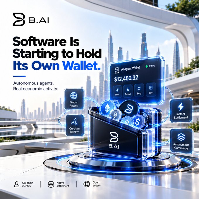 An advertisement for B.AI featuring the text 'Software Is Starting to Hold Its Own Wallet' alongside an AI Agent Wallet displaying a $12,450.32 balance, highlighting features like Global Access, On-chain Identity, Instant Settlement, and Autonomous Commerce.