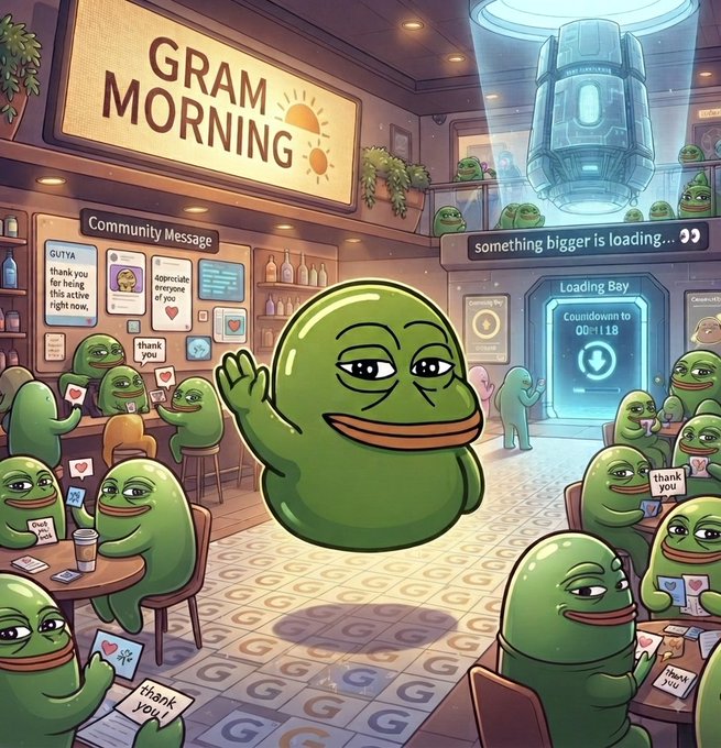 A digital illustration depicting a cafe filled with various Pepe the Frog characters holding 'thank you' signs; a large Pepe waves in the center, while the background features signs reading 'GRAM MORNING', 'Community Message', and 'Loading Bay' with a countdown timer.