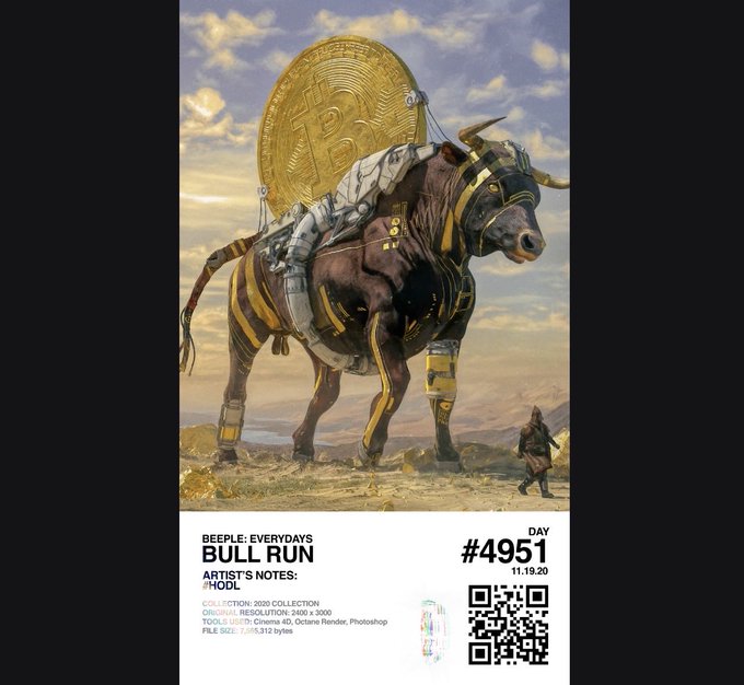 Digital artwork titled 'BULL RUN' by BEEPLE: EVERYDAYS (#4951) from 11.19.20, featuring a gold-adorned mechanical bull with a Bitcoin emblem against a cloudy sky.