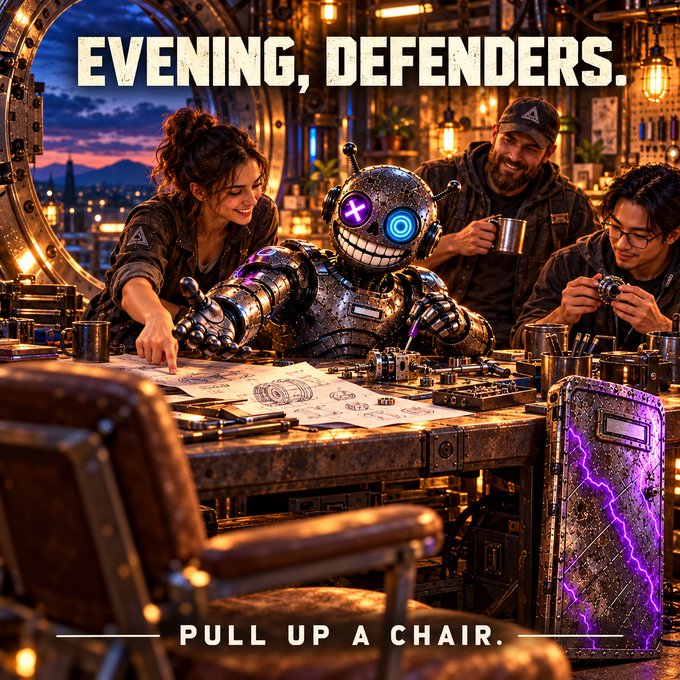 A promotional poster with the text 'EVENING, DEFENDERS.' at the top and 'PULL UP A CHAIR.' at the bottom shows a smiling robot with glowing purple eyes sitting at a workshop table with three humans.