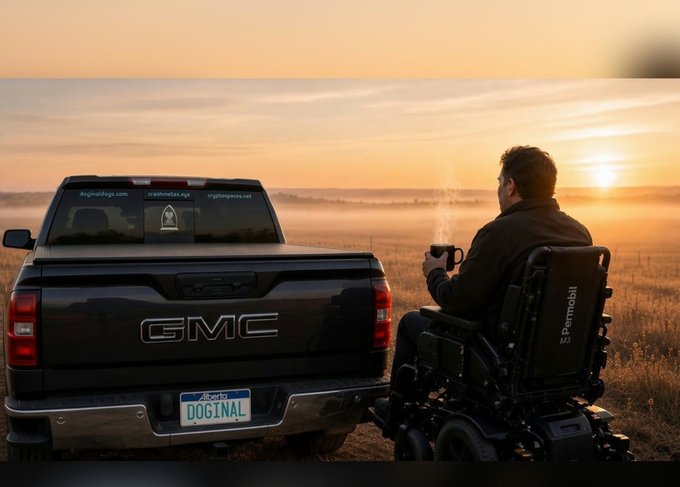 A person in a Permobil power wheelchair sits beside a black GMC pickup truck at sunset, holding a steaming mug, with the Alberta license plate reading 'DOGINAL' and website references 'doginaltrng.com' and 'creativetaxi.xyz'.