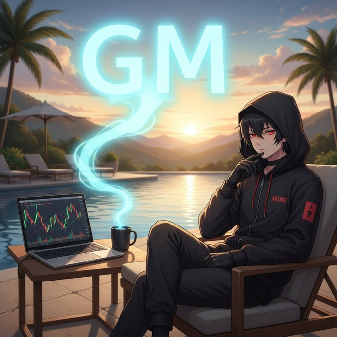 The image features an anime character sitting outdoors at a table with a laptop, enjoying a cup of coffee while smoking a cigarette. The scene takes place near a pool or beach area, with palm trees visible in the background. The character appears to be contemplating something on the laptop screen, possibly related to cryptocurrency or financial markets.