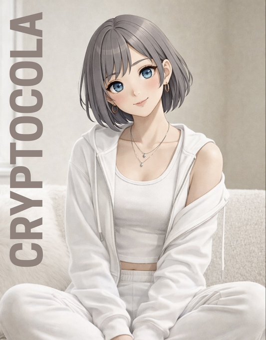 Anime-style illustration of a gray-haired girl in white loungewear sitting on a couch, with the text 'CRYPTOCOLA' vertically on the left side.