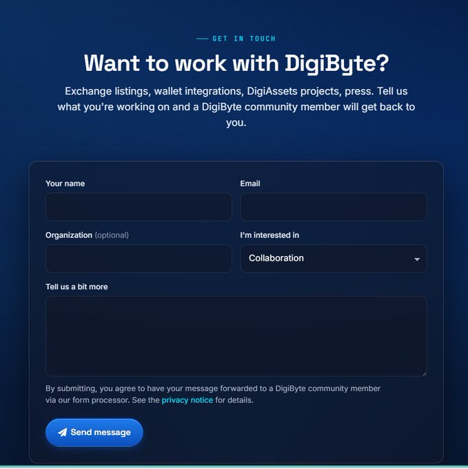 A contact form page on the DigiByte website titled 'Want to work with DigiByte?' with fields for name, email, organization, and a 'Send message' button.