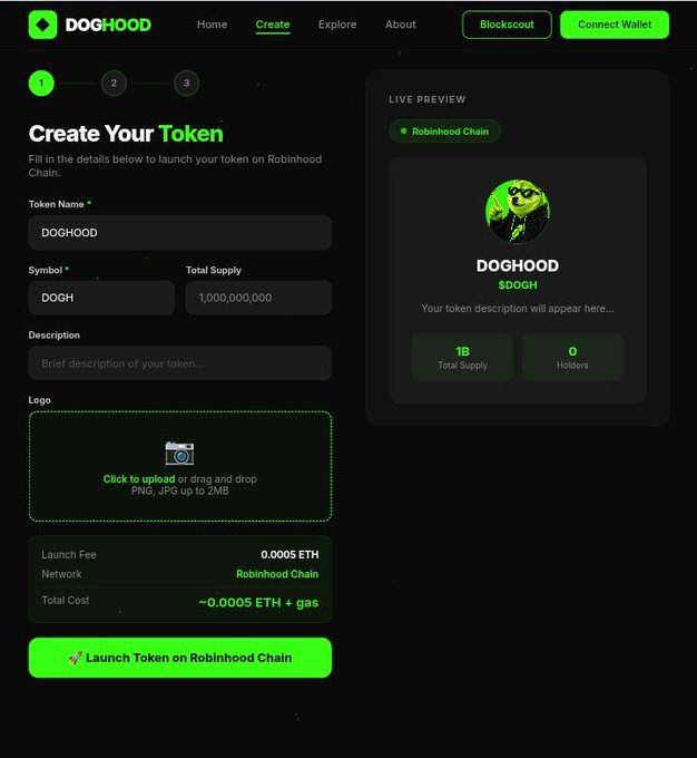 A 'DOGHOOD' token creation interface on Robinhood Chain, showing fields for token name 'DOGHOOD', symbol 'DOGH', total supply of 1,000,000,000, a 0.0005 ETH launch fee, and a live preview panel.