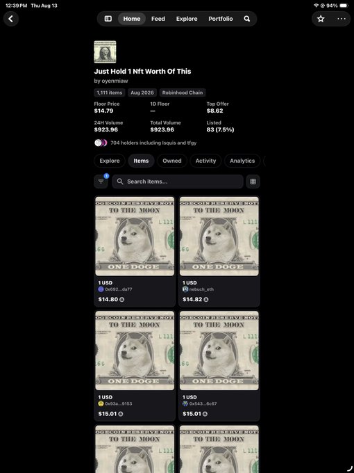 The image shows a digital marketplace listing for a "Just Hold 1 Nft Worth Of This" collection on Robinhood Chain, featuring multiple "TO THE MOON" Doge-style $1 USD bill NFT items priced between $14.80 and $15.01, with a floor price of $14.79. This aligns with the post "We cooking fam 0.5$ - 15", showing the owner has made significant returns on their 0.5 ETH NFT investment which is now valued at $15 per item with a 1D floor change of 7.5%.