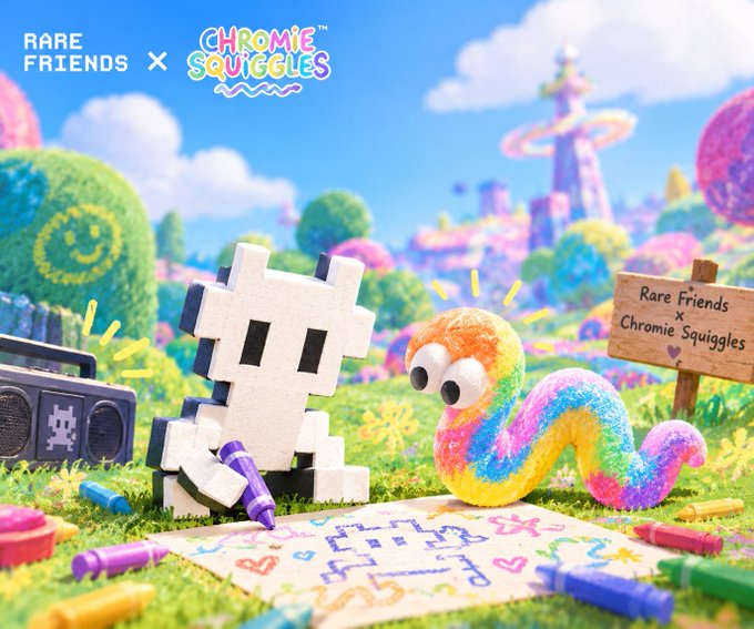 A promotional collaboration image between "RARE FRIENDS" and "CHROMIE SQUIGGLES" featuring a pixelated character drawing with crayons next to a colorful rainbow squiggle figure with googly eyes in a vibrant fantasy landscape.
