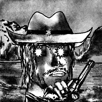A black and white sketch-style drawing of a cowboy wearing a hat, a bandana over the lower half of his face, and star-shaped sunglasses, smoking a cigarette.