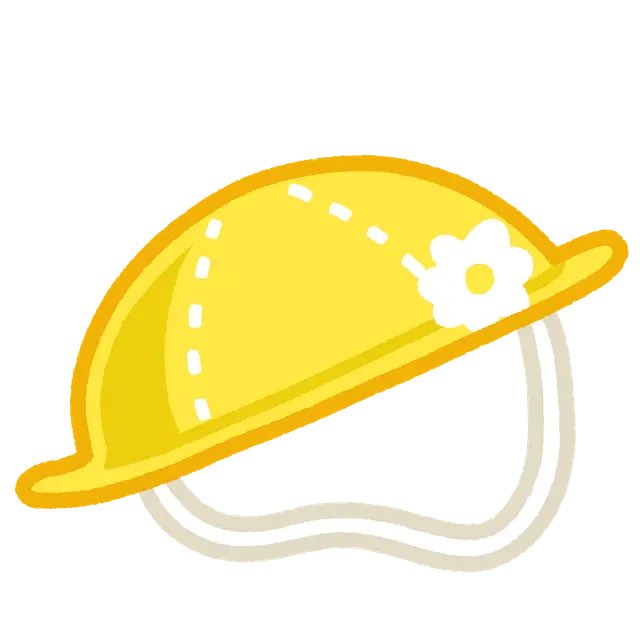 A simple cartoon illustration of a yellow hard hat or sun hat with a white flower on the side, paired with a white face mask.