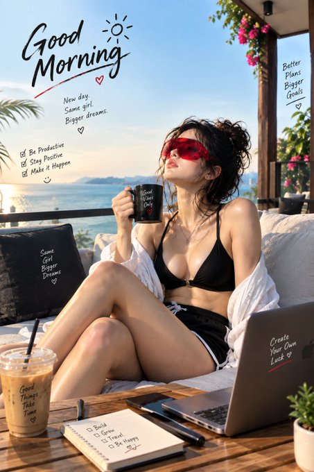 A stylish woman in a bikini and red sunglasses enjoys a morning coffee on a beachside patio, surrounded by motivational text overlays like 'Good Morning', 'Be Productive', and 'Stay Positive' on her mug, pillow, and laptop.