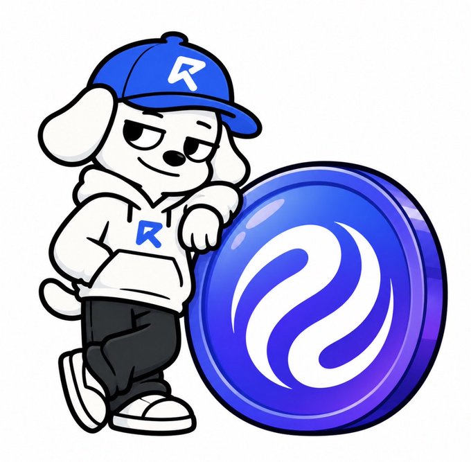 A cartoon dog mascot wearing a blue "R" cap and hoodie leans casually against a large blue coin, with the accompanying post announcing new $INJ token trading features on the Runup platform.