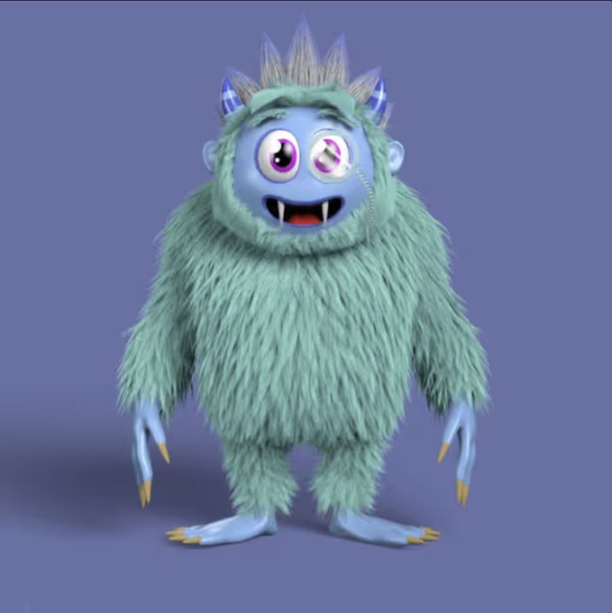 A 3D-rendered fluffy teal yeti-like monster with blue skin, sharp yellow claws, and glowing pink eyes stands against a purple background.