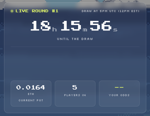 A live countdown interface for 'Round #1' showing 18 hours, 15 minutes, 56 seconds until the draw at 5PM UTC (12PM EST), with a current pot of 0.0164 ETH, 5 players in, and 'Your Odds' as '--'.