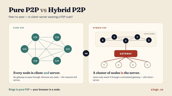 An infographic comparing "Pure P2P vs Hybrid P2P" networks, explaining that Pure P2P has every node as client and server while Hybrid P2P routes through a gateway, branded "rings.rs".