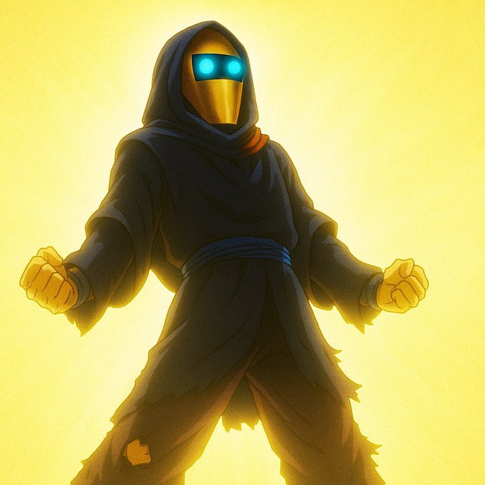 A digital illustration of a hooded, masked figure with glowing blue eyes and golden fists, standing in a powerful pose against a yellow background.